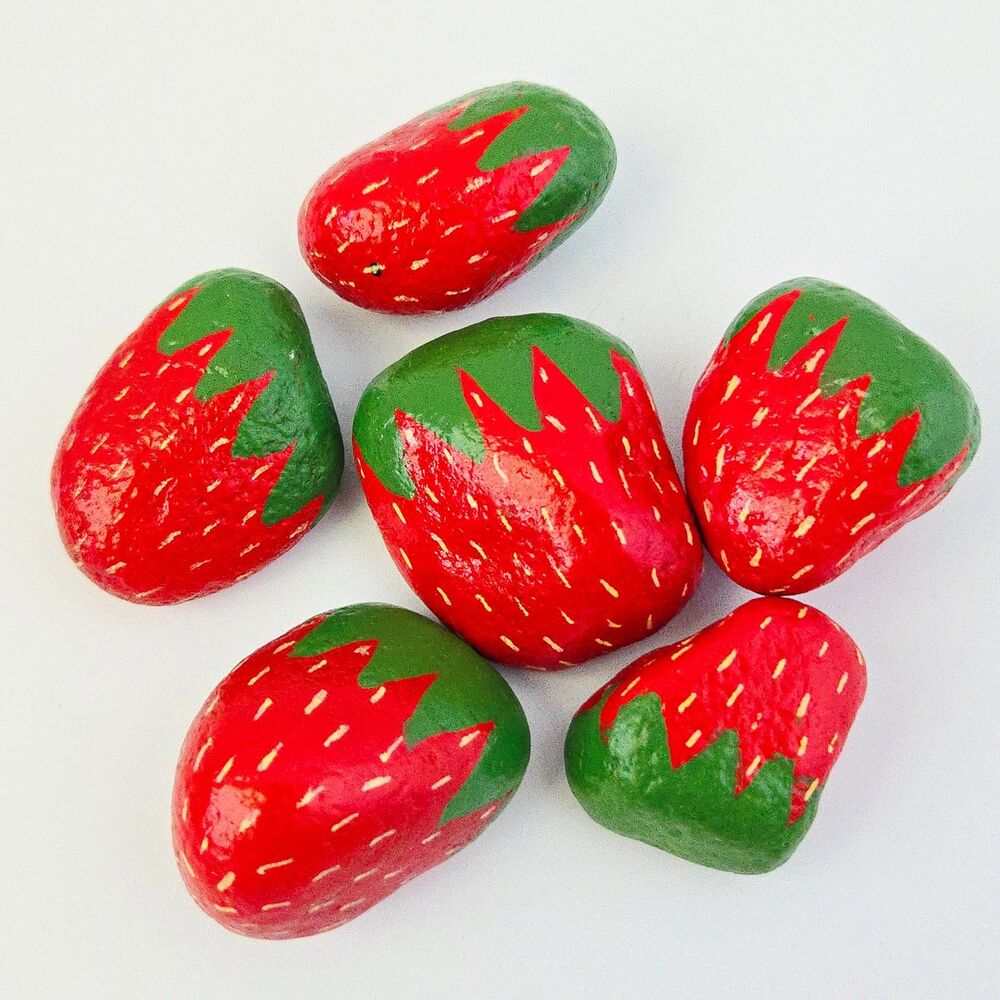 Set of 6 Hand Painted Strawberry Rock Art Piece Stone Acrylic Paint Kawaii Fruit